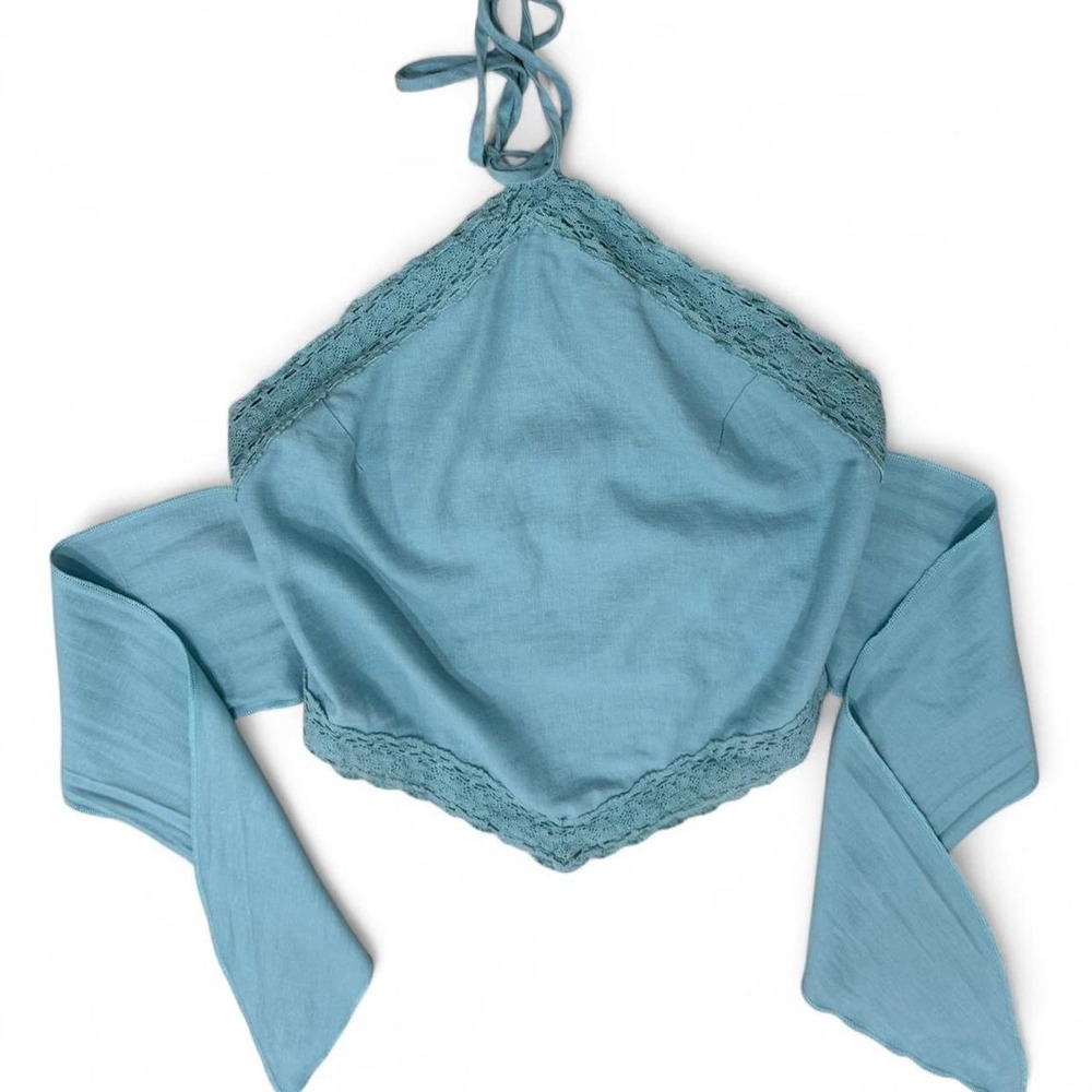 American Eagle Linen Blend Bandana Halter Top XS Blue Teal Crochet Lace Smocked